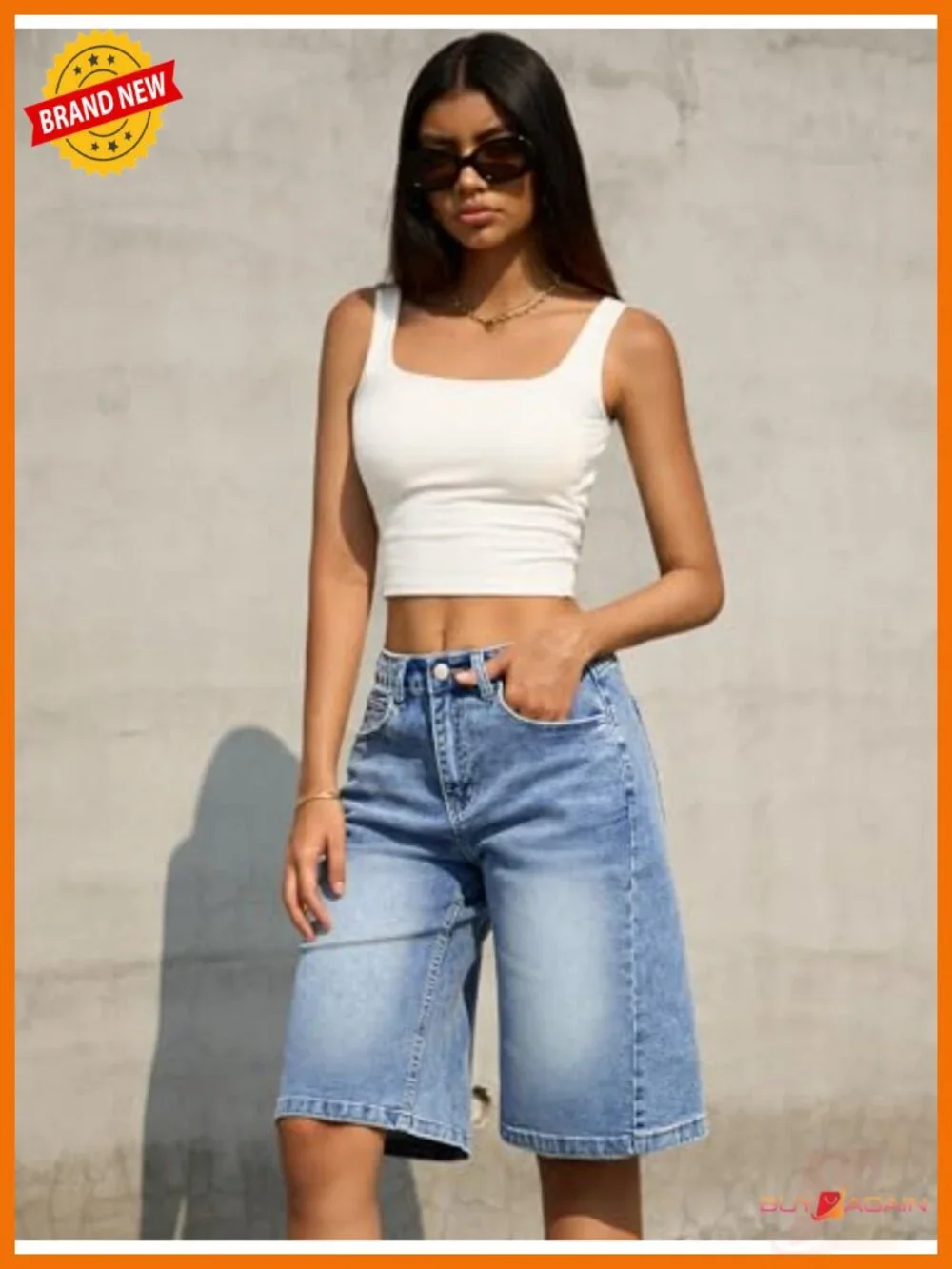 Women's Mid-Low Waist Denim Bermuda Shorts Baggy Loose Fit Knee-Length Jorts